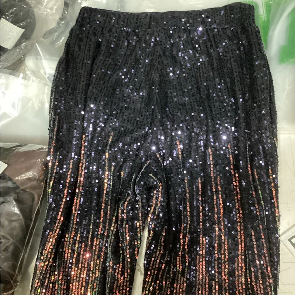 High Waist Stretchy Bell Bottom Trousers Ruffle Hem 70s Vintage Disco Outfit L - Picture 3 of 4